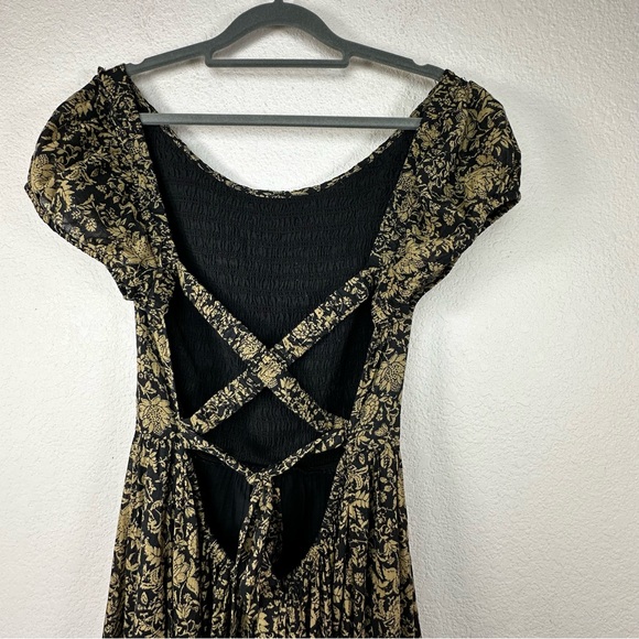 Free People Ultraviolet Ruched Detail Open Back Boho Maxi Dress Black Tan Large - Picture 9 of 15
